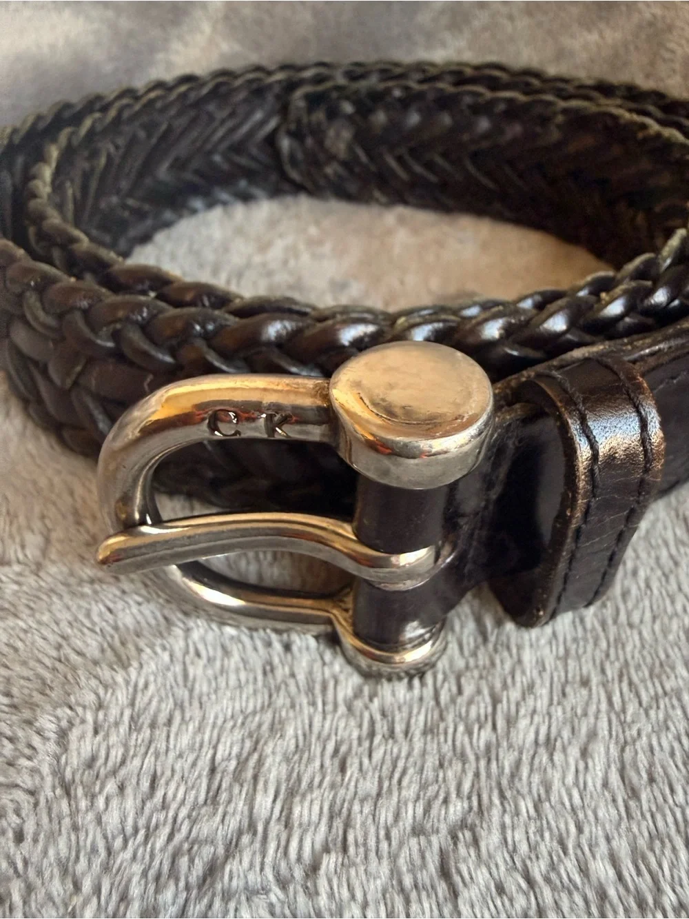 Calvin Klein Black Braided Leather Belt with Silver-Tone Buckle